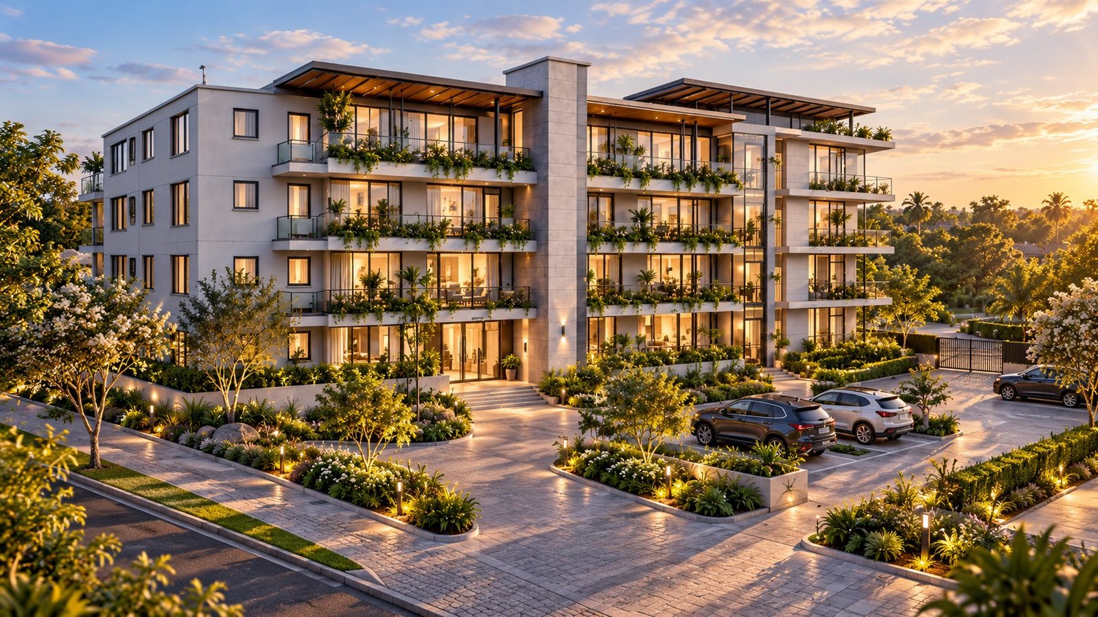 Terra Firma from above at dusk, with its forecourt, parking and planted beds.