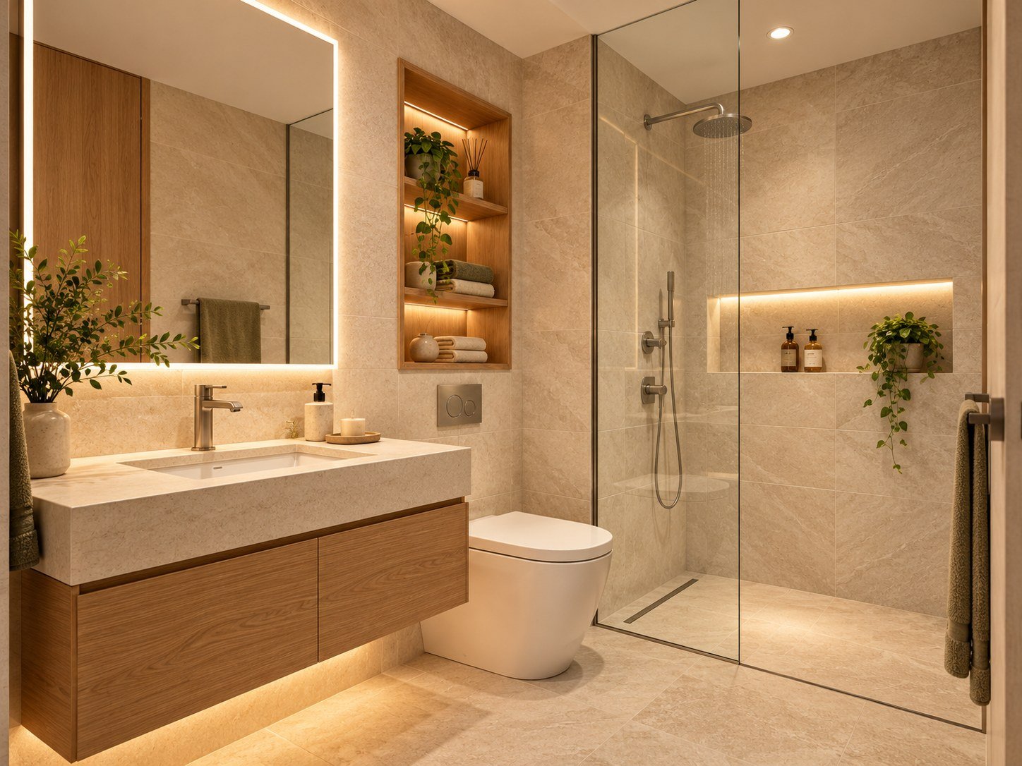 A representative toilet with a stone counter and a walk-in shower.