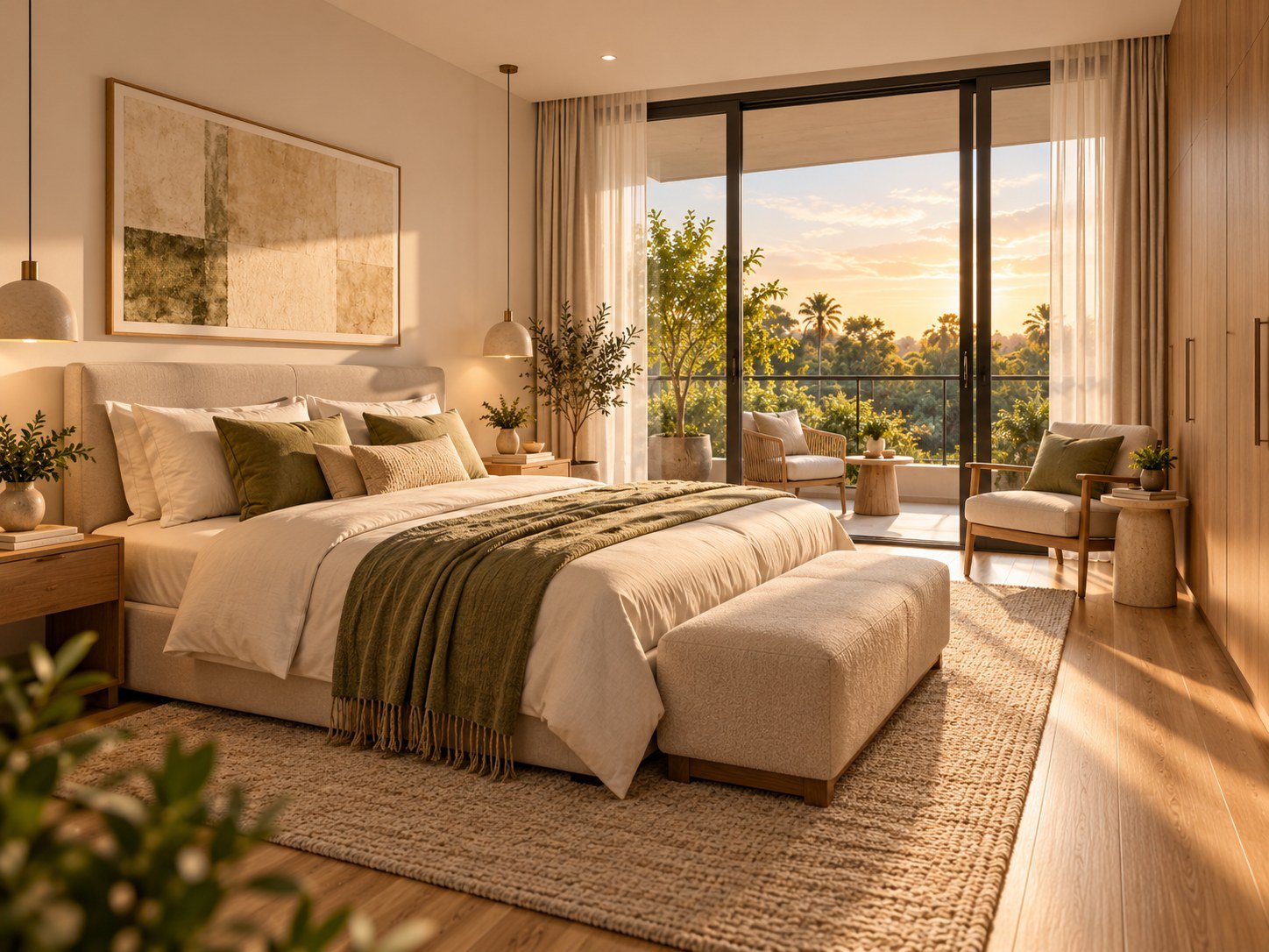 A representative master bedroom with a balcony door onto palms.
