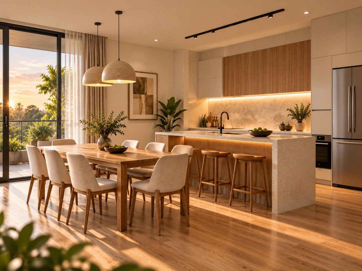 A representative kitchen with a stone counter and timber upper cabinets.