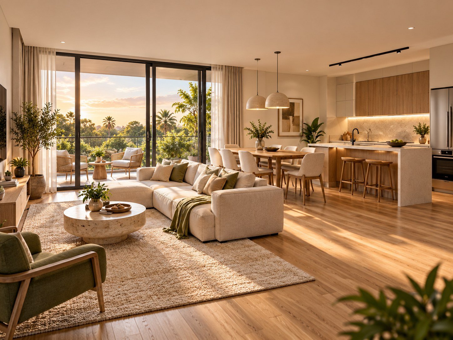A representative living and dining room opening onto a balcony at sunset.