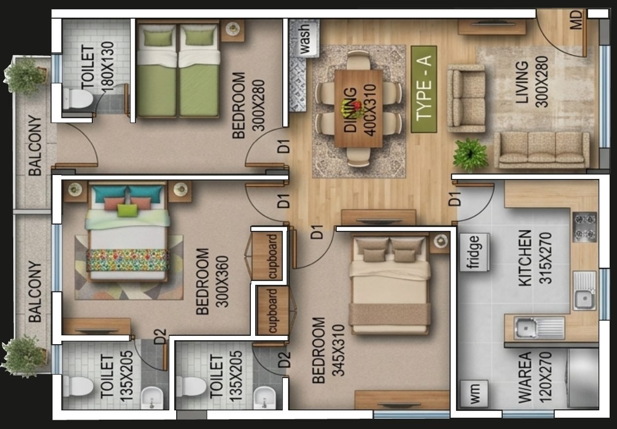 Floor plan of Type A: living, dining, kitchen with work area, three bedrooms, three toilets and two balconies. Type B mirrors it.