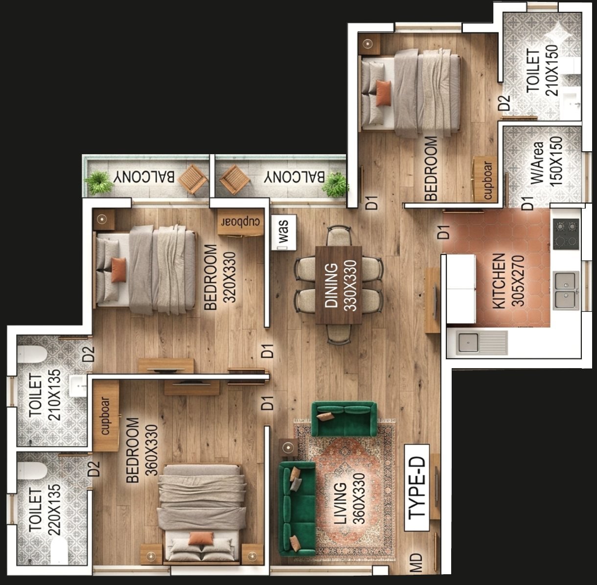 Floor plan of Type C: large living and dining rooms, kitchen with work area, three bedrooms and three toilets.