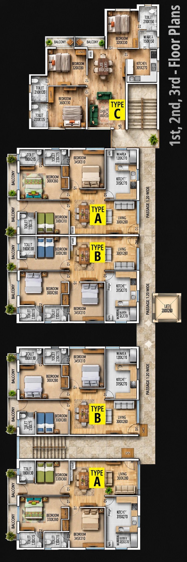 Typical floor plan for the first, second and third floors: Type C at one end, then Type A, B, B and A along a central passage and lift.