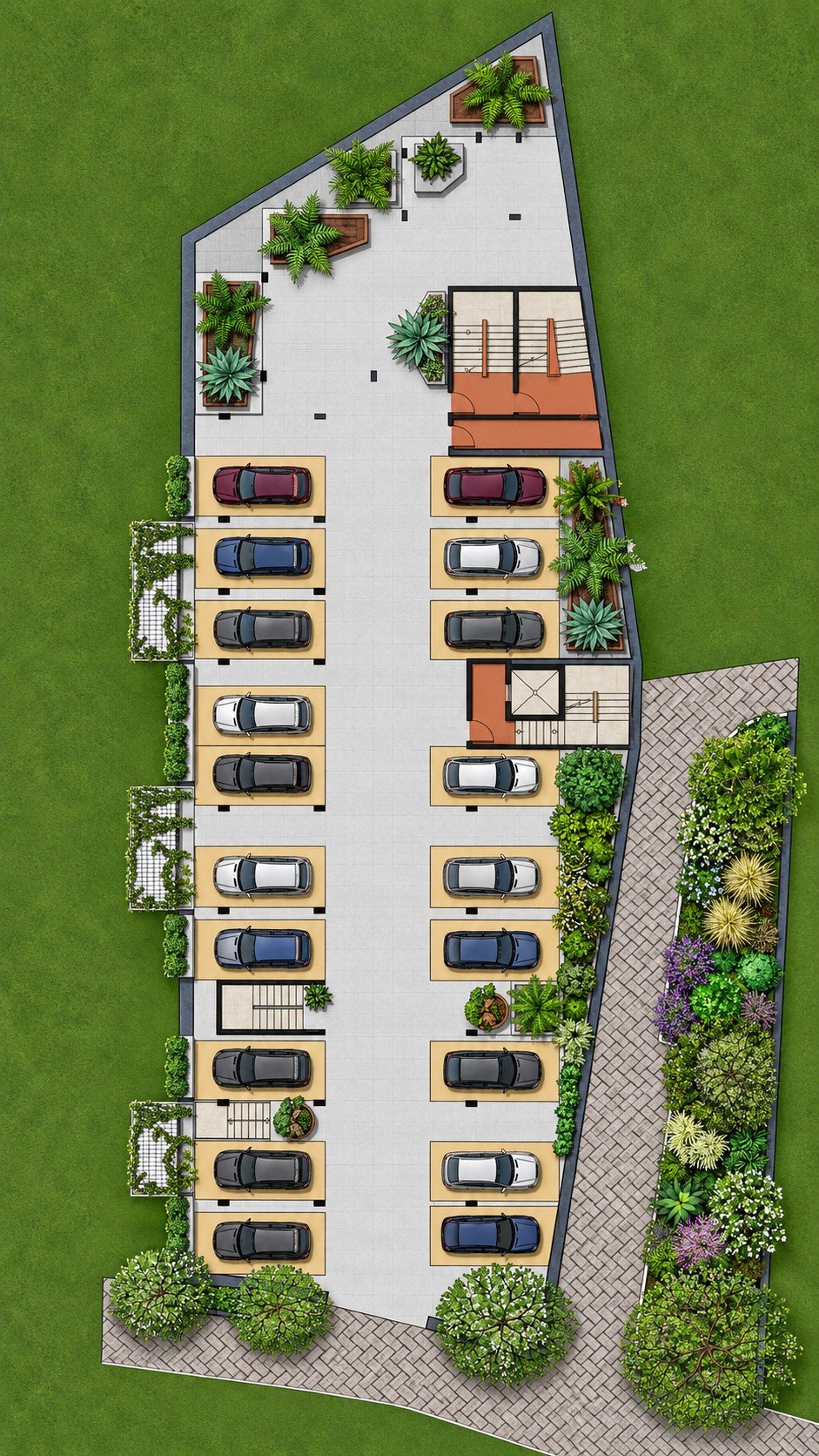 Site plan: covered parking bays either side of a central drive, two stair and lift cores, planters and a landscaped edge.